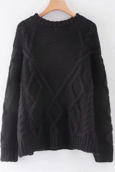 Tassel Long Sleeve Round Neck Cable Plain Black Loose Sweater