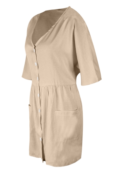 Women's Casual Plain V-Neck Short Sleeve Button Front Pleated Mini Shift Dress with Pocket