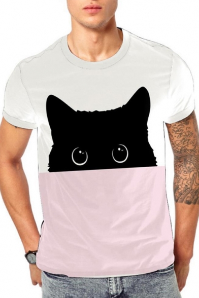 3D Cat Printed Short Sleeve Round Neck Colorblock Pink Tee for Men