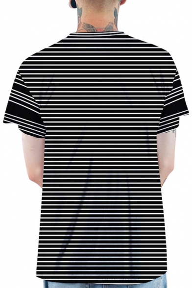 3D Lovely Dog Pinstriped Print Crewneck Short Sleeve Black T-Shirt