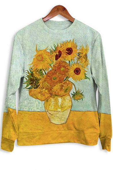 Basic Crewneck Long Sleeve Van Gogh Sunflower Printed Casual Loose Yellow Sweatshirt