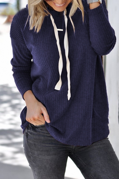 Basic Simple Plain Drawstring Hooded Long Sleeve Rib Knitted T-Shirt