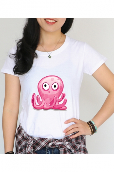 Basic White Round Neck Short Sleeve Lovely Cartoon Pink Octopus Print Fitted T-Shirt