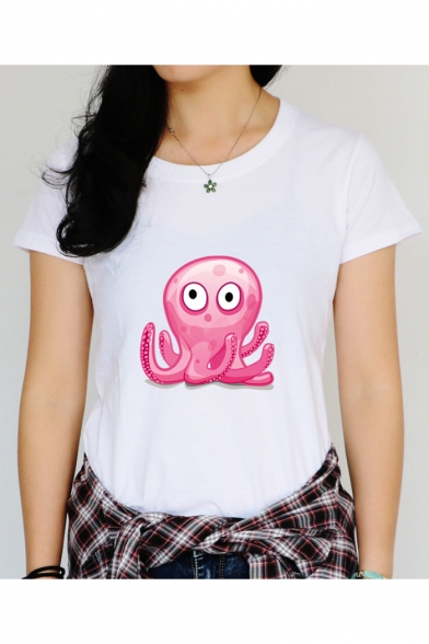 Basic White Round Neck Short Sleeve Lovely Cartoon Pink Octopus Print Fitted T-Shirt