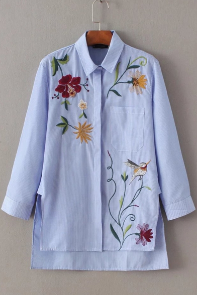 Blue Lapel Collar Long Sleeve Floral Bird Embroidered Striped High Low Asymmetric Shirt