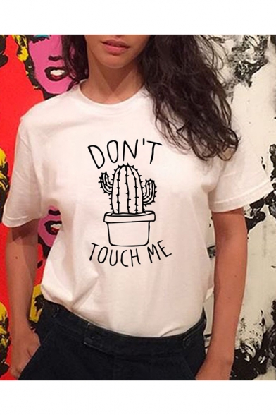Cactus Letter DON'T TOUCH ME Printed Crewneck Short Sleeve White Relaxed Unisex Tee