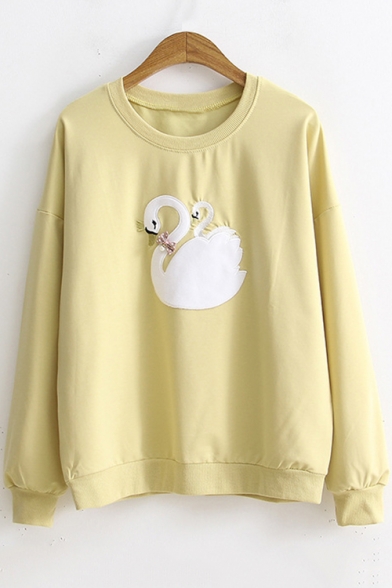 Cartoon Swan Embroidered Long Sleeve Round Neck Regular Fitted Leisure Sweatshirt