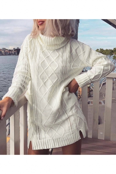 Chic High Neck Long Sleeve Cable Knit Tunics Cozy Sweater