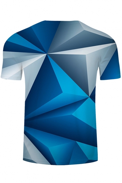 Cool 3D Blue Geometric Pattern Loose Casual Short Sleeve T-Shirt