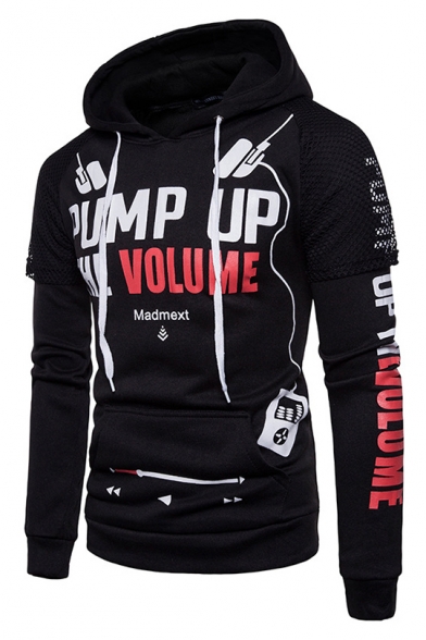 Cool Letter PUMP UP THE VOLUME Print Mesh Panelled Long Sleeve Fitted Hoodie for Guys