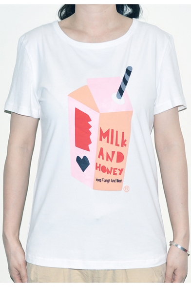 Cotton Short Sleeve Round Neck Letter MILK AND HONEY Heart Printed White Stylish Fitted Tee