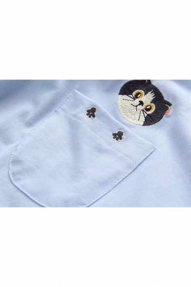 Cute Cartoon Cat Embroidered Pocket Chest Round Neck Short Sleeve Loose Casual T-Shirt