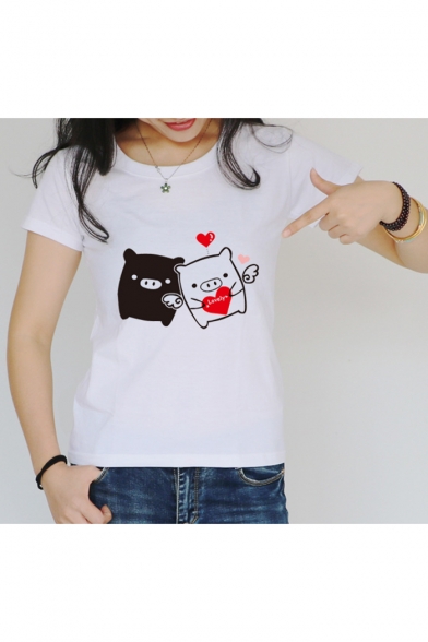 Cute Cartoon Pig Heart Printed Round Neck Short Sleeve White Fitted T-Shirt