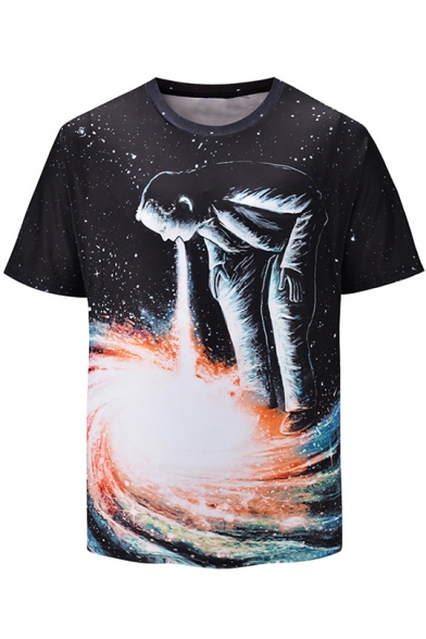 Fashion 3D Galaxy Whirlpool Figure Printed Round Neck Men's Black Fitted T-Shirt