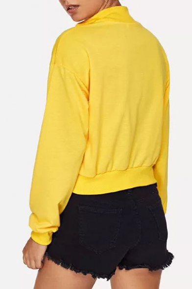 Fashion Checkboard Printed Half-Zip Stand Collar Loose Fit Yellow Sweatshirt
