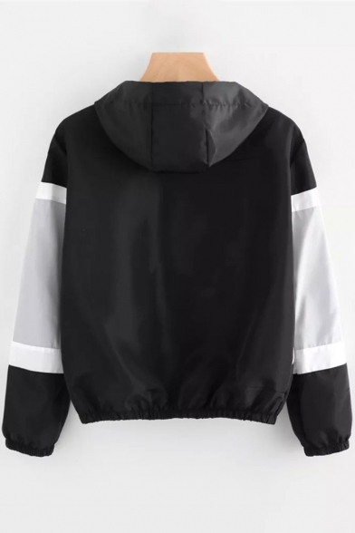 Fashion Two-Tone Colorblock Long Sleeve Sports Casual Zip Up Black Hooded Coat