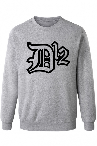 Fashion Unique Letter DK Print Crew Neck Long Sleeve Regular Fitted Pullover Sweatshirt