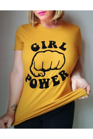 Fist Letter GIRL POWER Printed Short Sleeve Round Neck Yellow Slim Top