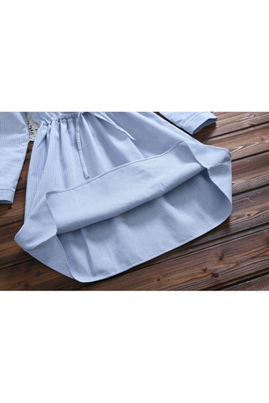 Funny Bunny Embroidered Long Sleeve Lapel Collar Button Drawstring Waist Mini Shirt Dress