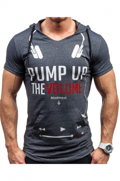 Funny Letter PUMP UP THE VOLUME Printed Short Sleeve Hooded Slim T-Shirt