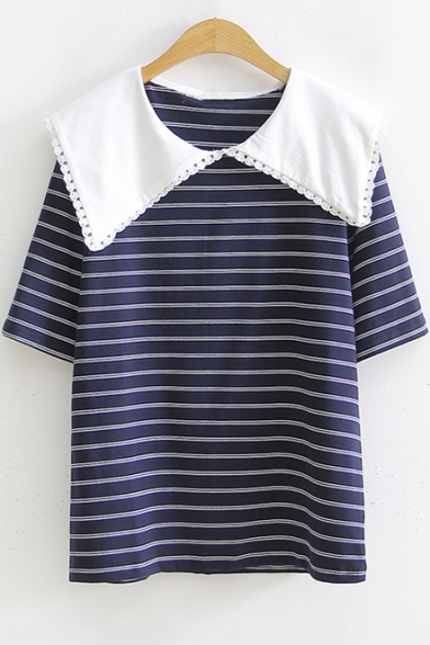 Girls Cute Peter-Pan Collar Striped Printed Short Sleeve Loose Leisure T-Shirt