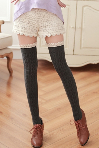 Girls Lovely Lace-Trimmed Retro Cable Knit Over the Knee Stockings