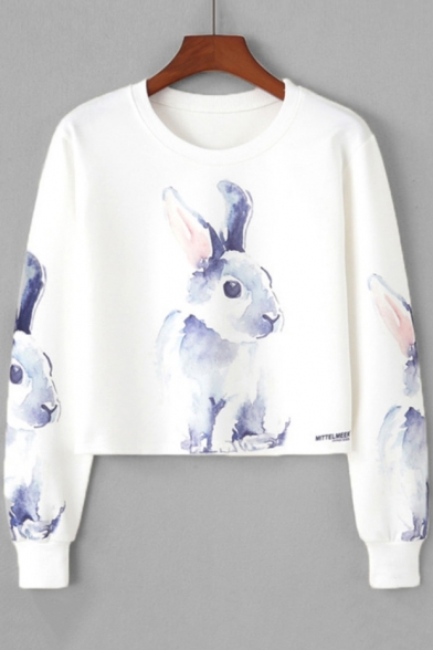 Round Neck Long Sleeve Cute Bunny Printed White Cropped Sweatshirt