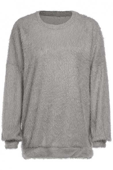 Lazy Long Sleeve Round Neck Plain Tunics Relaxed Sweater
