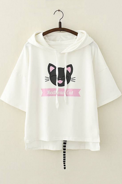 Letter REDHEAD CAT Cute Cartoon Cat Printed Short Sleeve Hooded T-Shirt