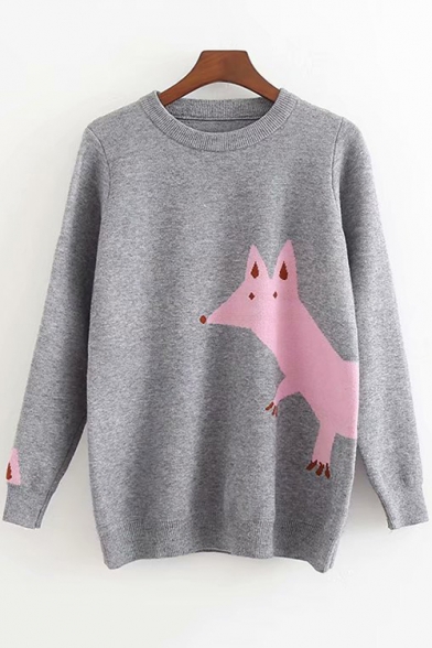 Long Sleeve Crew Neck Cartoon Fox Printed Loose Fit Pullover Sweater