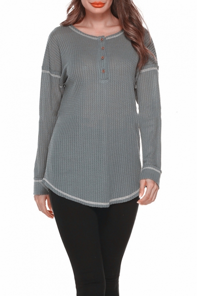 Loose Casual Round Neck Long Sleeve Button Embellished Front Contrast Piping Sweater