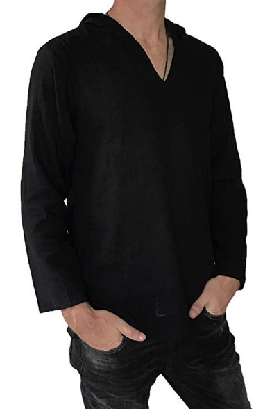 Men's Casual Leisure Simple Plain V-Neck Long Sleeve Hooded Linen T-Shirt