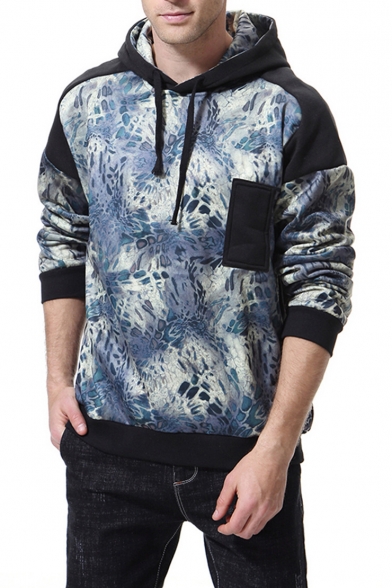 Men's Chic Pocket Patched Chest Floral Print Colorblock Loose Casual Hoodie