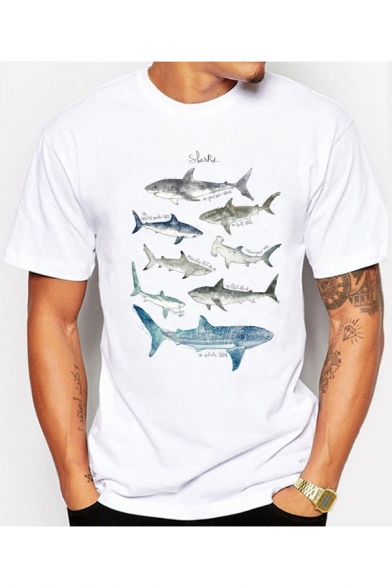 New Fashion Shark Pattern Short Sleeve Classic-Fit Tee in White