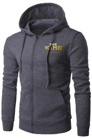New Stylish Unique Letter THE KING Print Long Sleeve Slim Fit Zip Up Drawstring Hoodie