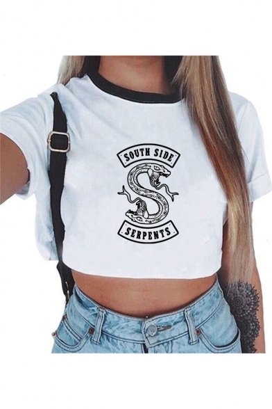 Popular Double-Headed Snake Logo Letter SOUTH SIDE Print Contrast Round Neck Short Sleeve White Cropped T-Shirt