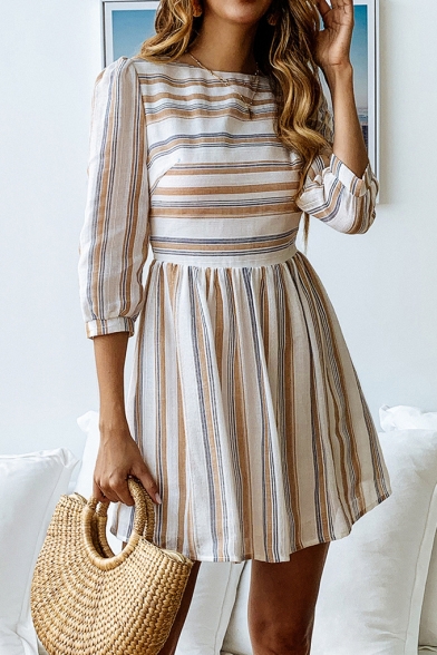 Round Neck Three-Quarter Sleeeve Trendy Striped Printed Mini A-Line Dress