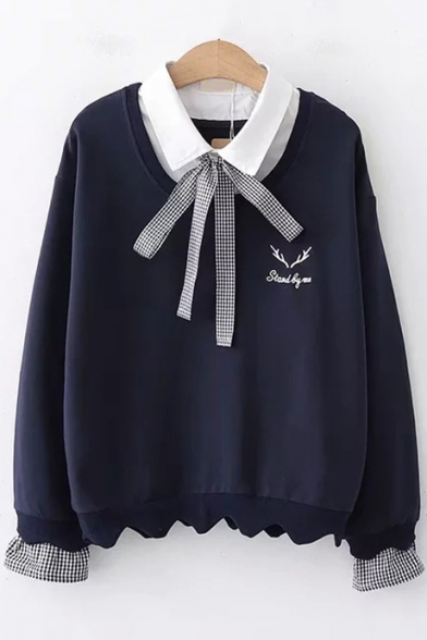 Simple Letter Embroidered Bow-Tied Patched Lapel Collar Long Sleeve Pullover Sweatshirt