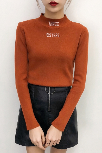 

Simple Letter THREE SISTERS Embroidered Mock Neck Long Sleeve Fitted Sweater, Black;white;coffee;caramel