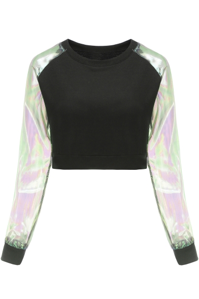 Stylish Sheer Mesh-Panelled Long Sleeve Round Neck Cropped Pullover Sweatshirt