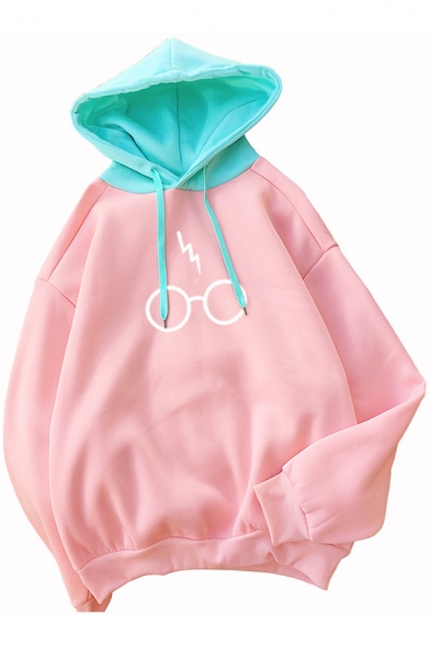 Trendy Flash Eyeglasses Print Colorblock Loose Fitted Pullover Pink Hoodie