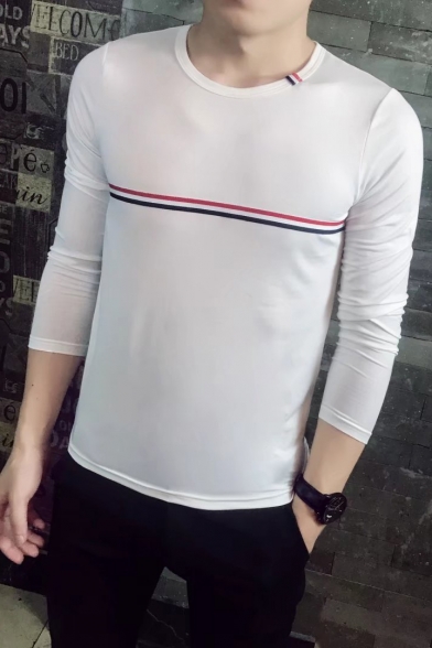 Trendy Striped Webbing Front Men's Basic Round Neck Long Sleeve Slim T-Shirt