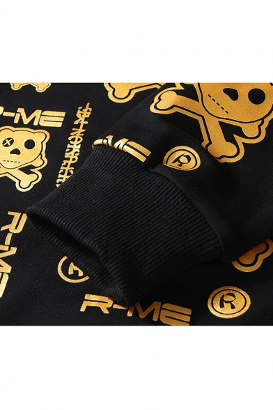 Unique Fashion All Over Gold Stamp Cartoon Printed Crewneck Loose Fit Black Pullover Sweatshirt for Guys