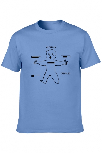 Unique Short Sleeve Crewneck Cartoon Figure Letter CRIPPLED Printed Cotton T-Shirt