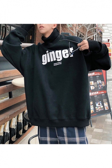 Winter's Warm Thick Patched High Neck Long Sleeve Letter GINGER Printed Oversized Cool Pullover Sweatshirt