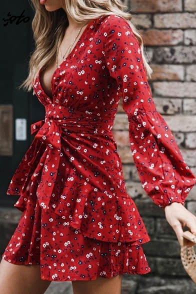Women's Sexy Plunge Neck Long Sleeve Bow-Tied Waist Ruffle Hem Floral Print Mini A-Line Red Dress