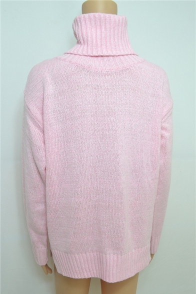 Basic Plain Turtleneck Long Sleeve Split Side Fitted Pullover Sweater