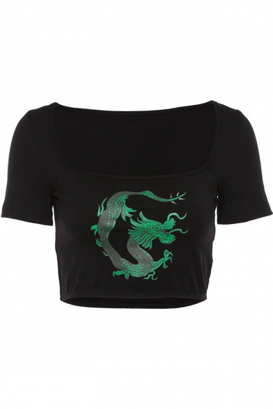 Basic Square Neck Short Sleeve Fashion Dragon Printed Cropped Slim Black T-Shirt
