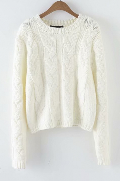 Cable Long Sleeve Round Neck Plain Loose Sweater