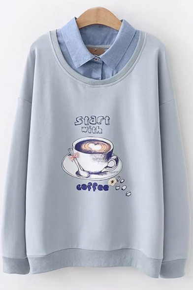 Cartoon START WITH COFFEE Letter Cup Print Denim Patched Lapel Collar Long Sleeve Sweatshirt